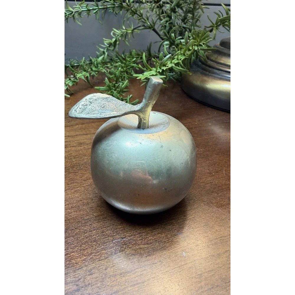 Vintage Brass Apple Bell Paper Weight Solid w/ Clapper Stem & Leaf, Small